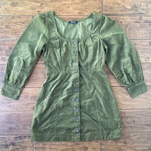 Madewell Corduroy Seamed Long-Sleeve Mini Dress Color Kale size 2 petite Fall